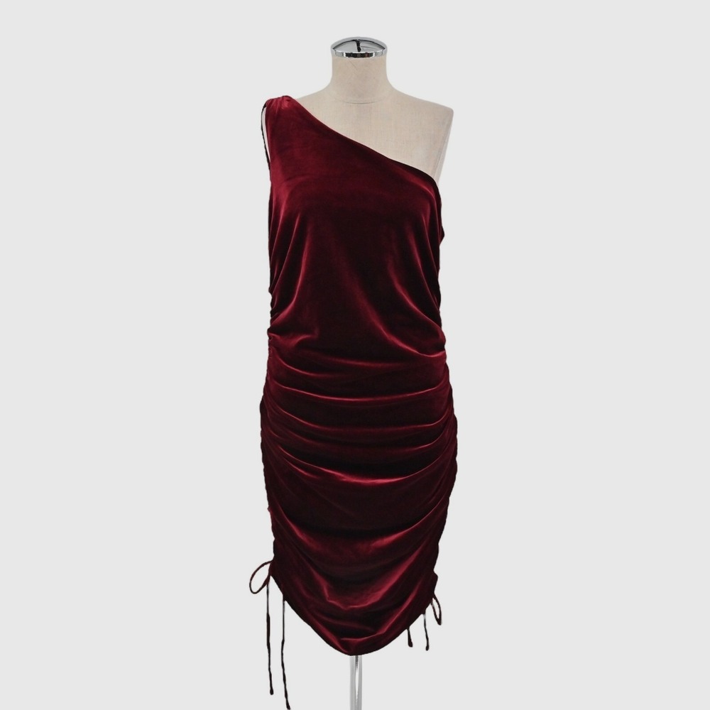 House of Harlow Velvet One Shoulder Dress Size‎ L Holiday Ruched Side Garnet Red